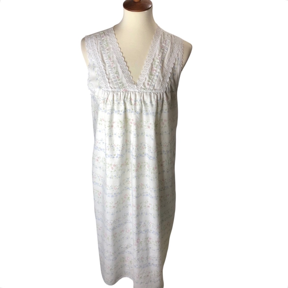 Vintage Cotton Night Gown Dress Floral Sz Small Lace Trim Sleeveless Cottagecore